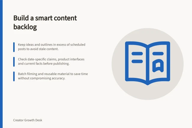 Build a smart content backlog: Keep ideas and outlines in excess of scheduled posts to avoid stale content.; Check date-specific claims, product interfaces and current facts before publishing.; Batch filming and reusable material to save time without compromising accuracy. Building a backlog without stockpiling outdated posts