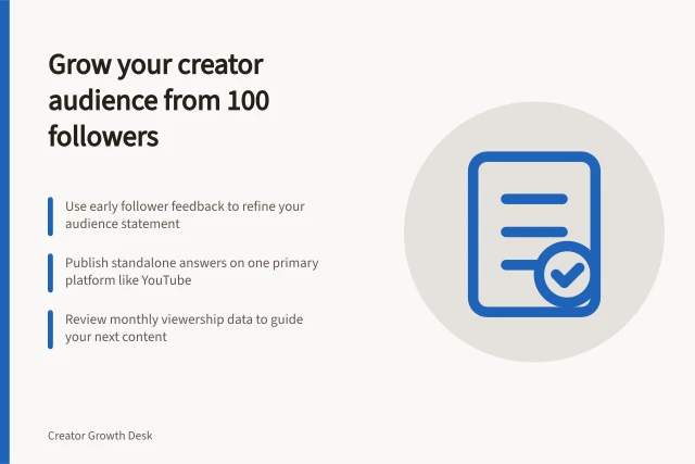 Grow your creator audience from 100 followers: Use early follower feedback to refine your audience statement; Publish standalone answers on one primary platform like YouTube; Review monthly viewership data to guide your next content. Building a creator audience from the first hundred followers