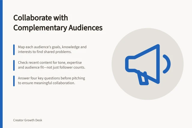Collaborate with Complementary Audiences: Map each audience’s goals, knowledge and interests to find shared problems.; Check recent content for tone, expertise and audience fit—not just follower counts.; Answer four key questions before pitching to ensure meaningful collaboration. Choosing collaborators with complementary audiences