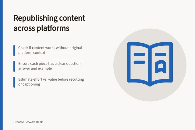 Republishing content across platforms: Check if content works without original platform context; Ensure each piece has a clear question, answer and example; Estimate effort vs. value before recutting or captioning. Choosing which content deserves a second platform