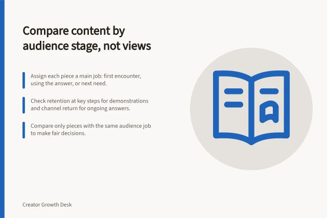 Compare content by audience stage, not views: Assign each piece a main job: first encounter, using the answer, or next need.; Check retention at key steps for demonstrations and channel return for ongoing answers.; Compare only pieces with the same audience job to make fair decisions. Comparing content by audience stage rather than raw views