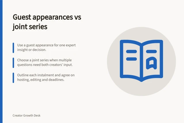Guest appearances vs joint series: Use a guest appearance for one expert insight or decision.; Choose a joint series when multiple questions need both creators' input.; Outline each instalment and agree on hosting, editing and deadlines. Comparing guest appearances with joint content series