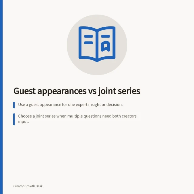 Guest appearances vs joint series: Use a guest appearance for one expert insight or decision.; Choose a joint series when multiple questions need both creators' input.; Outline each instalment and agree on hosting, editing and deadlines. Comparing guest appearances with joint content series