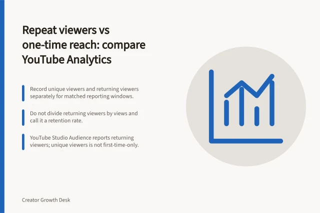 Repeat viewers vs one-time reach: compare YouTube Analytics: Record unique viewers and returning viewers separately for matched reporting windows.; Do not divide returning viewers by views and call it a retention rate.; YouTube Studio Audience reports returning viewers; unique viewers is not first-time-only. Comparing repeat viewers with one-time reach