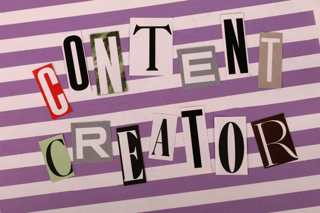 Artistic collage spelling 'Content Creator' using various fonts on a striped background. Content packaging for creator discovery