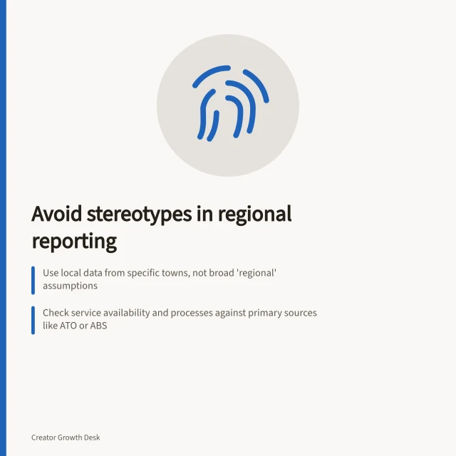 Avoid stereotypes in regional reporting: Use local data from specific towns, not broad 'regional' assumptions; Check service availability and processes against primary sources like ATO or ABS; Give contributors credit and verify cultural material with First Nations protocols. Covering regional questions without relying on stereotypes