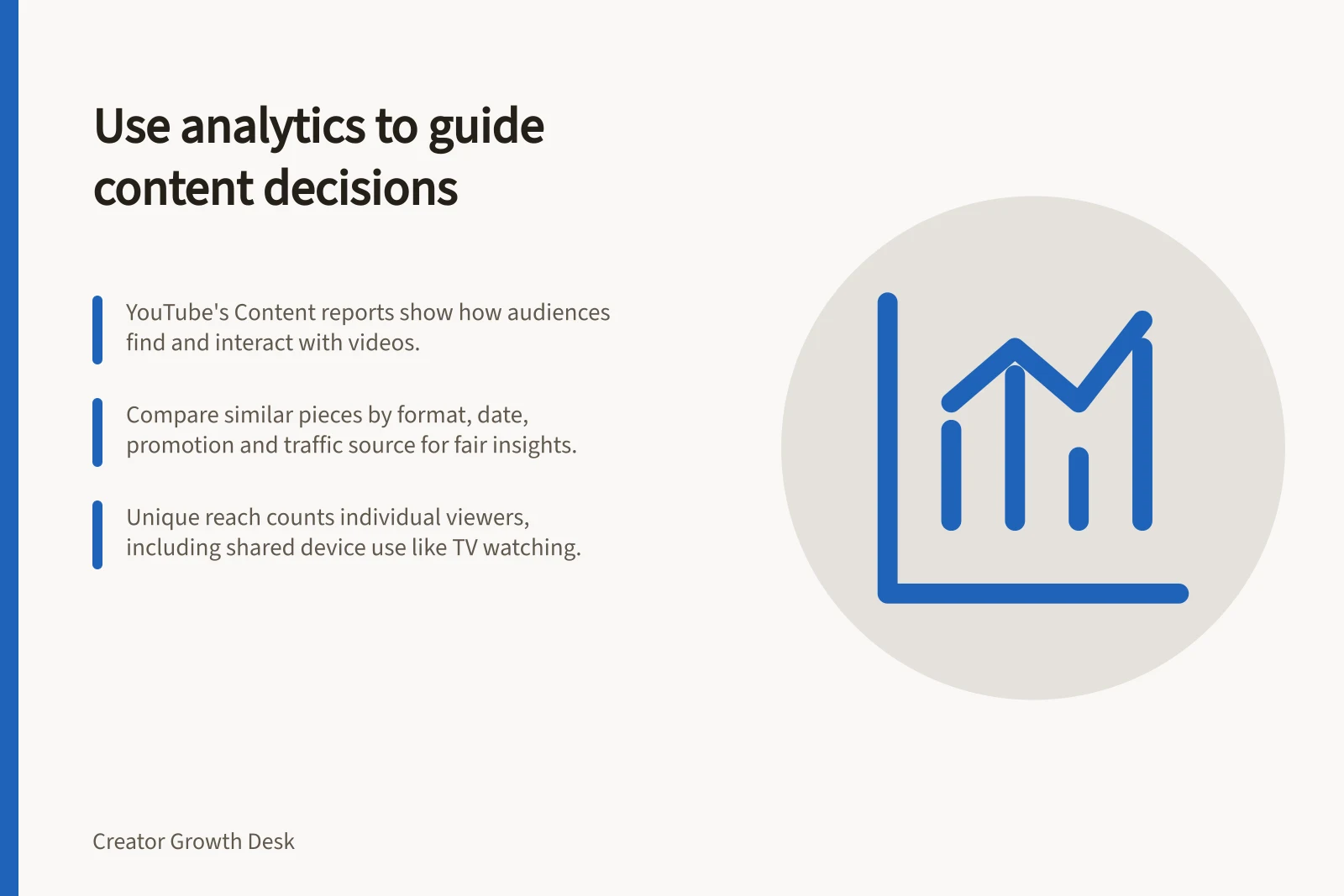 Use analytics to guide content decisions: YouTube's Content reports show how audiences find and interact with videos.; Compare similar pieces by format, date, promotion and traffic source for fair insights.; Unique reach counts individual viewers, including shared device use like TV watching.