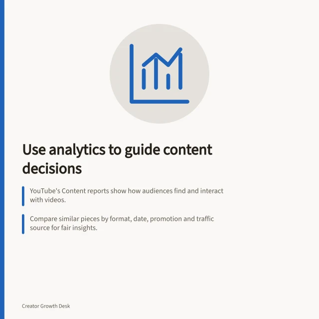 Use analytics to guide content decisions: YouTube's Content reports show how audiences find and interact with videos.; Compare similar pieces by format, date, promotion and traffic source for fair insights.; Unique reach counts individual viewers, including shared device use like TV watching. Creator audience analytics that inform decisions