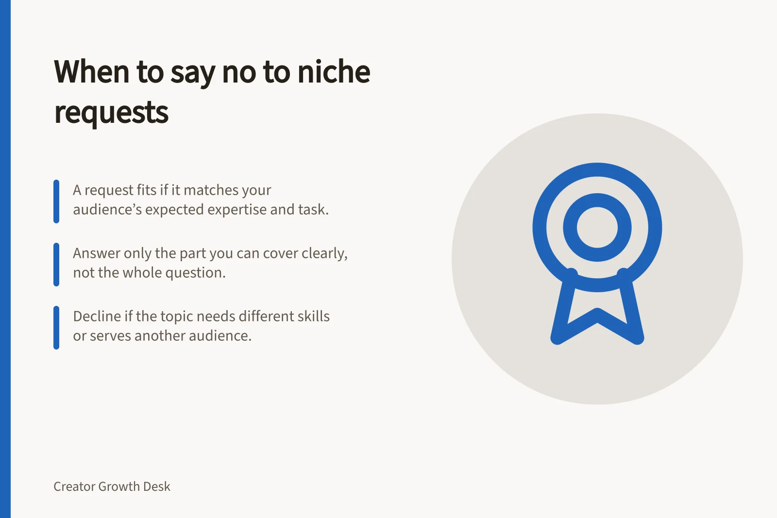 When to say no to niche requests: A request fits if it matches your audience’s expected expertise and task.; Answer only the part you can cover clearly, not the whole question.; Decline if the topic needs different skills or serves another audience.