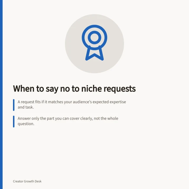 When to say no to niche requests: A request fits if it matches your audience’s expected expertise and task.; Answer only the part you can cover clearly, not the whole question.; Decline if the topic needs different skills or serves another audience. Deciding which requests fall outside a creator's niche