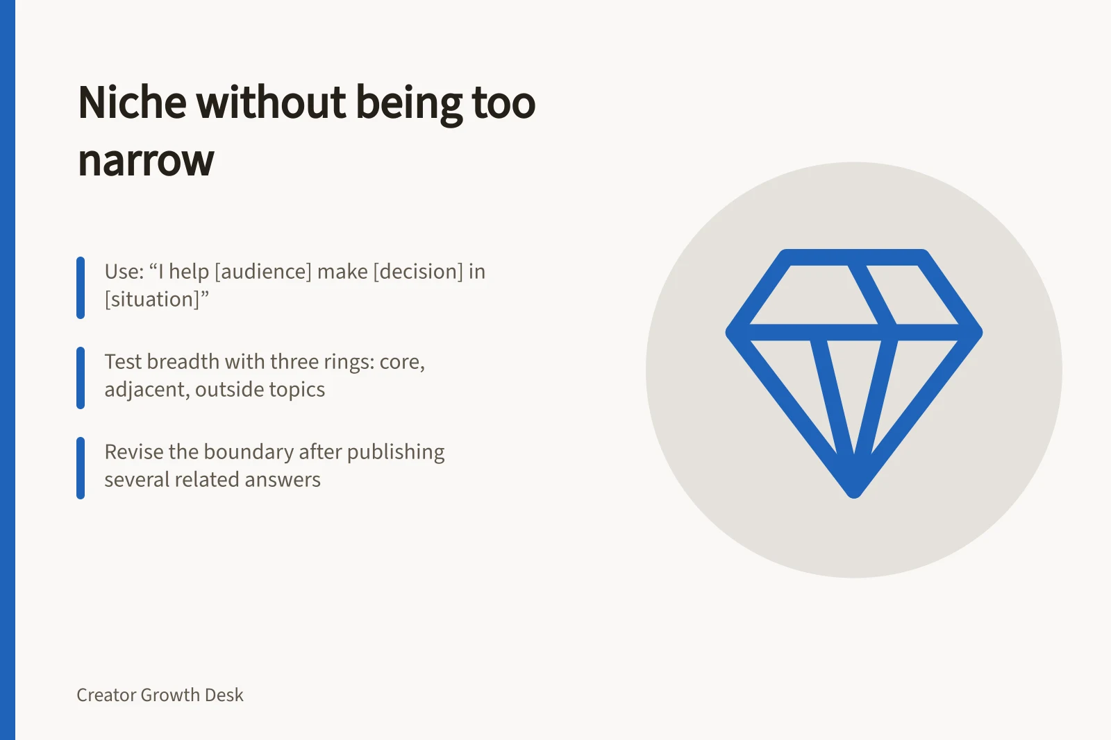Niche without being too narrow: Use: “I help [audience] make [decision] in [situation]”; Test breadth with three rings: core, adjacent, outside topics; Revise the boundary after publishing several related answers