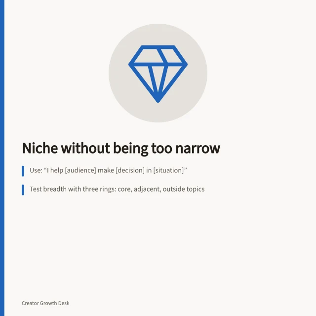 Niche without being too narrow: Use: “I help [audience] make [decision] in [situation]”; Test breadth with three rings: core, adjacent, outside topics; Revise the boundary after publishing several related answers. Defining a creator niche without making it too narrow