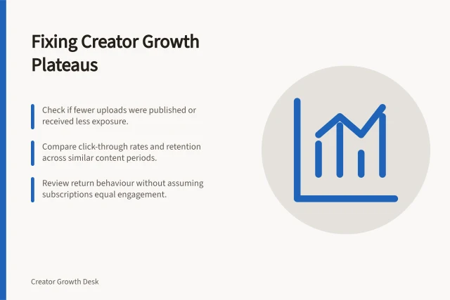 Fixing Creator Growth Plateaus: Check if fewer uploads were published or received less exposure.; Compare click-through rates and retention across similar content periods.; Review return behaviour without assuming subscriptions equal engagement. Diagnosing a creator growth plateau