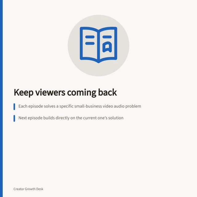Keep viewers coming back: Each episode solves a specific small-business video audio problem; Next episode builds directly on the current one’s solution; Use clear playlist grouping and consistent visual cues. Giving viewers a reason to follow a continuing series