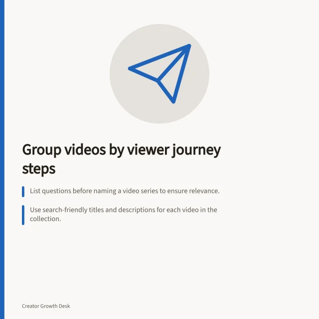 Group videos by viewer journey steps: List questions before naming a video series to ensure relevance.; Use search-friendly titles and descriptions for each video in the collection.; Link playlists clearly at the end of each video with 'Full collection' labels. Grouping searchable content into a clear series