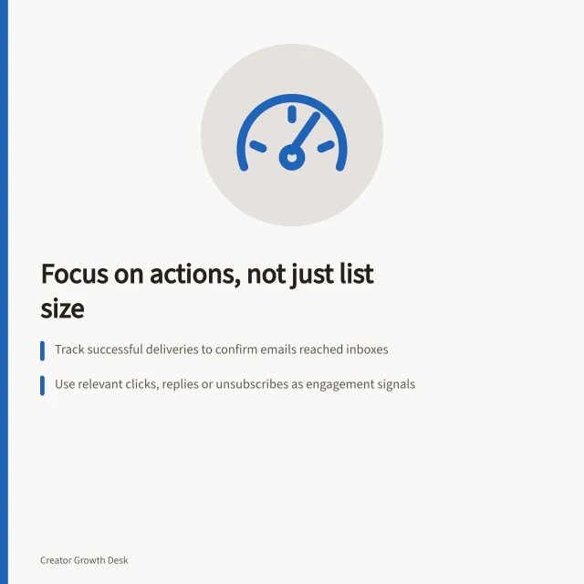 Focus on actions, not just list size: Track successful deliveries to confirm emails reached inboxes; Use relevant clicks, replies or unsubscribes as engagement signals; Review activity over a period matching your actual email frequency. Measuring subscriber activity rather than list size