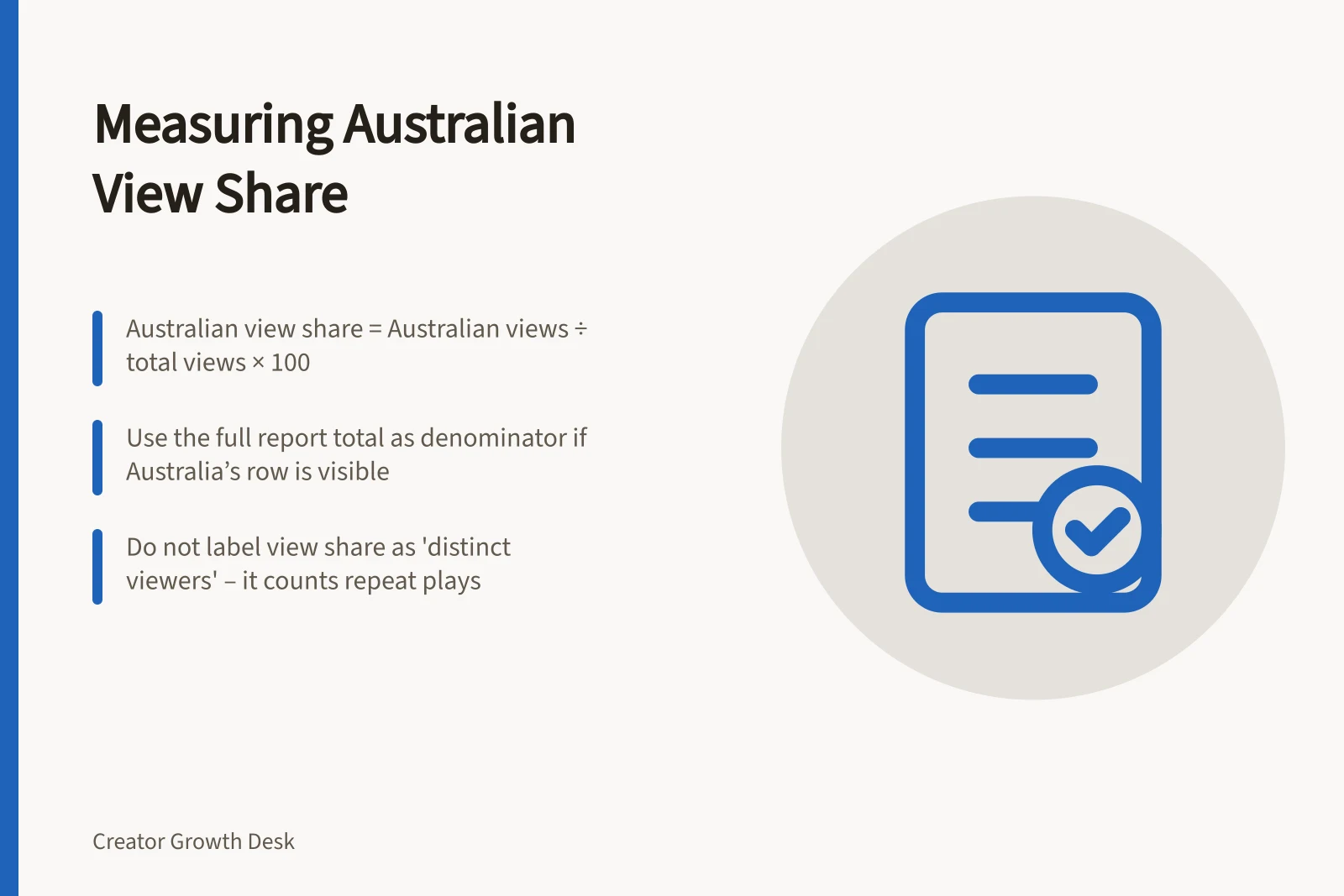 Measuring Australian View Share: Australian view share = Australian views ÷ total views × 100; Use the full report total as denominator if Australia’s row is visible; Do not label view share as 'distinct viewers' – it counts repeat plays