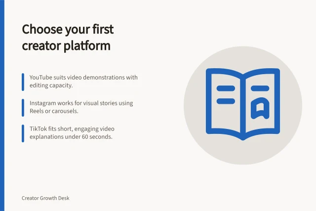 Choose your first creator platform: YouTube suits video demonstrations with editing capacity.; Instagram works for visual stories using Reels or carousels.; TikTok fits short, engaging video explanations under 60 seconds. Picking a primary platform for an early-stage creator