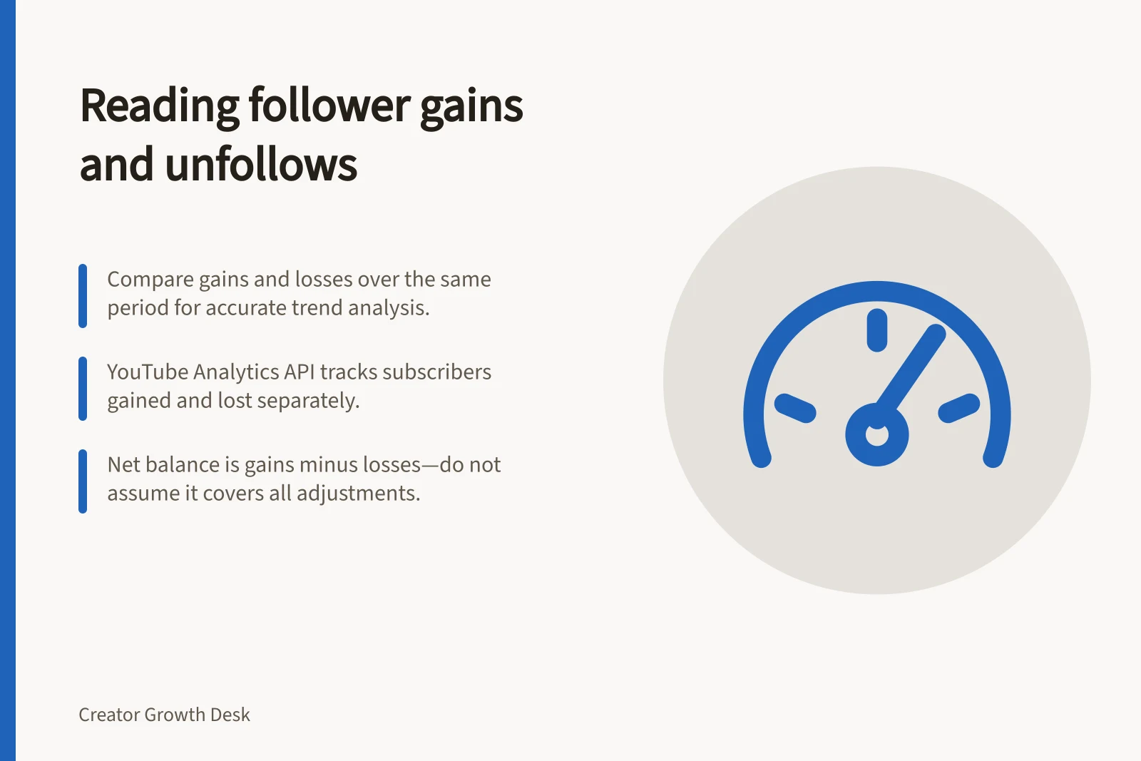 Reading follower gains and unfollows: Compare gains and losses over the same period for accurate trend analysis.; YouTube Analytics API tracks subscribers gained and lost separately.; Net balance is gains minus losses—do not assume it covers all adjustments.