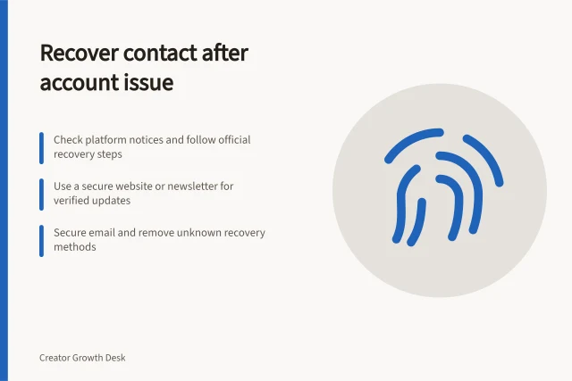 Recover contact after account issue: Check platform notices and follow official recovery steps; Use a secure website or newsletter for verified updates; Secure email and remove unknown recovery methods. Recovering audience contact after a platform account problem