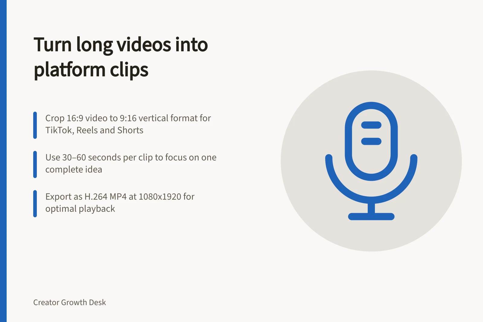 Turn long videos into platform clips: Crop 16:9 video to 9:16 vertical format for TikTok, Reels and Shorts; Use 30–60 seconds per clip to focus on one complete idea; Export as H.264 MP4 at 1080x1920 for optimal playback