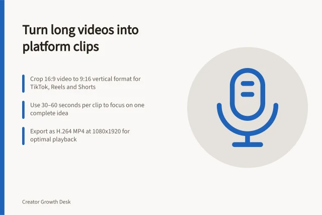 Turn long videos into platform clips: Crop 16:9 video to 9:16 vertical format for TikTok, Reels and Shorts; Use 30–60 seconds per clip to focus on one complete idea; Export as H.264 MP4 at 1080x1920 for optimal playback. Reworking a long video into platform-native clips