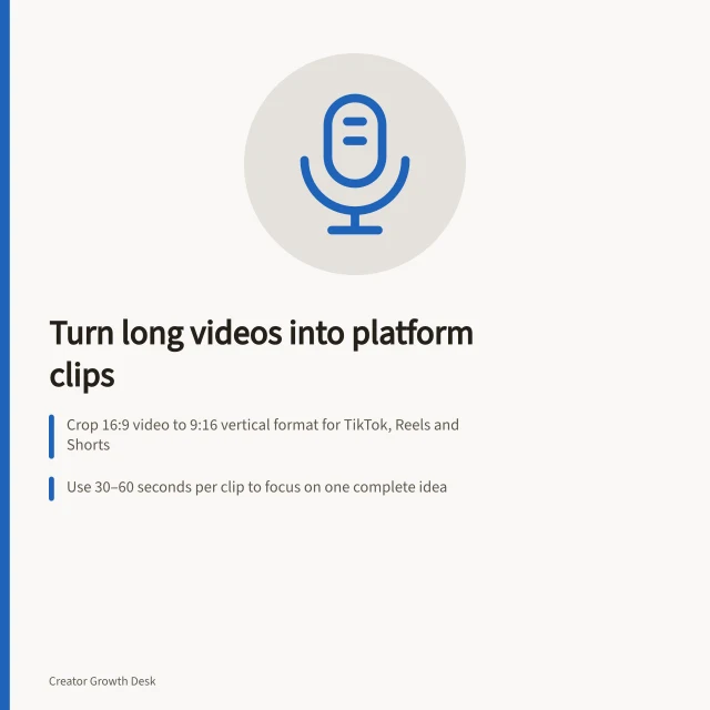 Turn long videos into platform clips: Crop 16:9 video to 9:16 vertical format for TikTok, Reels and Shorts; Use 30–60 seconds per clip to focus on one complete idea; Export as H.264 MP4 at 1080x1920 for optimal playback. Reworking a long video into platform-native clips