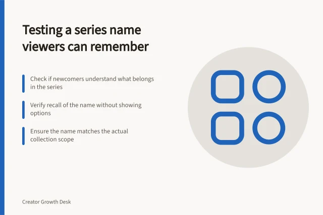 Testing a series name viewers can remember: Check if newcomers understand what belongs in the series; Verify recall of the name without showing options; Ensure the name matches the actual collection scope. Testing a series name viewers can remember